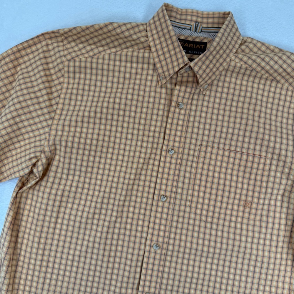 Ariat Pro Series Mens Large Orange Plaid Short Sleeve Button Down Western Shirt